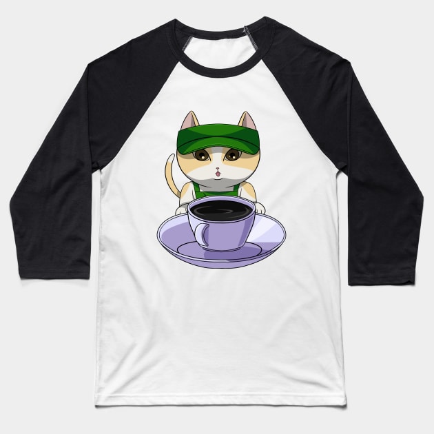 Cat Loves Coffee Baseball T-Shirt by Noseking